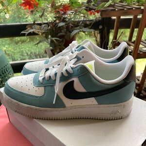 Nike White and Teal Air Force 1 Sneakers with Black Accents